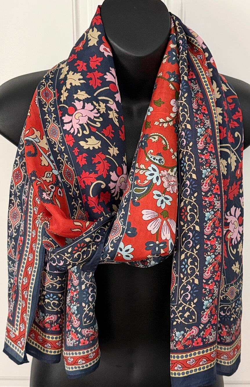 Coldwater Creek 100% Silk Scarf Red/Blue w/Floral Pattern 21" x 73"  NWOT